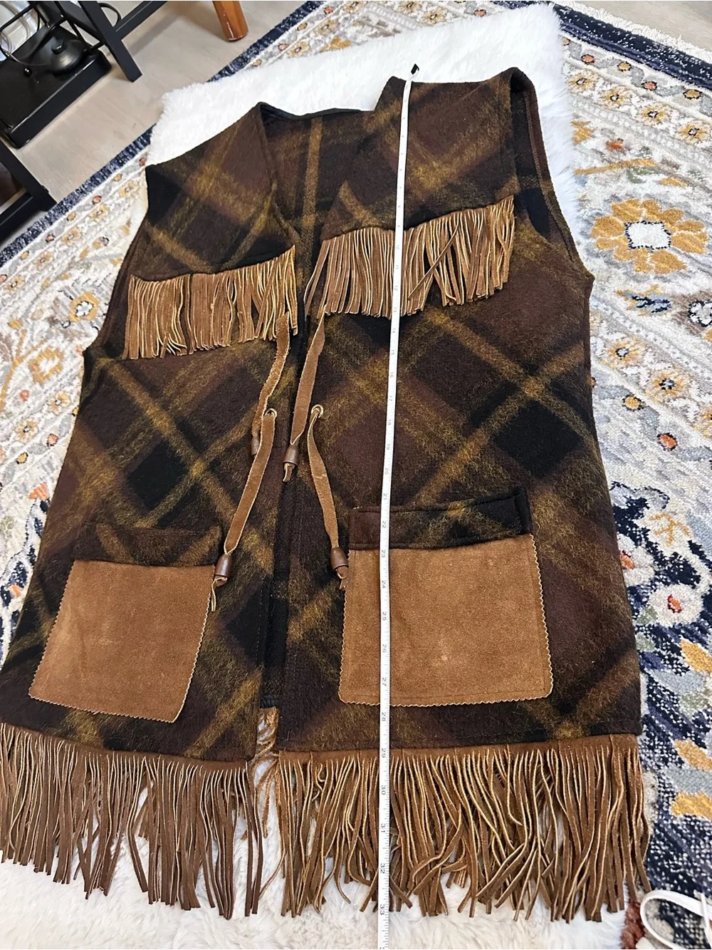 Vintage 70s Pioneer Wear Plaid Wool Fringe Vest Suede Pockets Western
